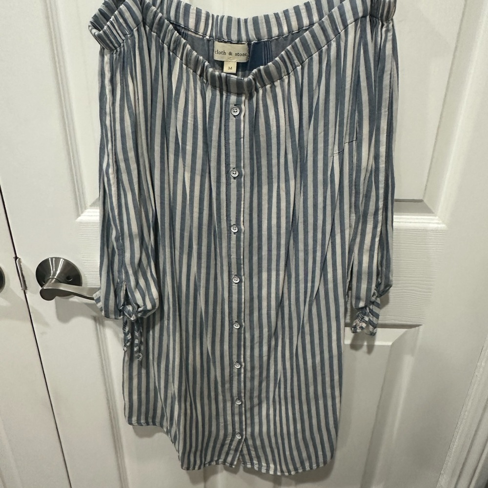 cloth & stone Blue and White Striped Off-Shoulder Button-Down Tunic